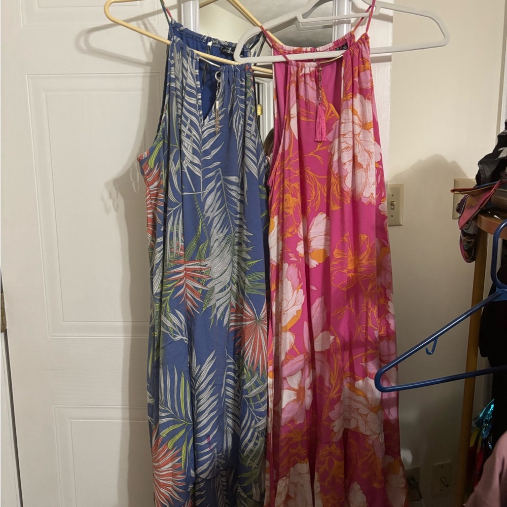 Tropical Print Maxi Dresses - Blue and Pink